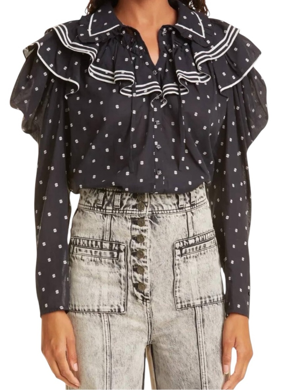 Ulla Johnson Clementine Cotton Dot Tipped Ruffle Trim Long Sleeve Collared Top